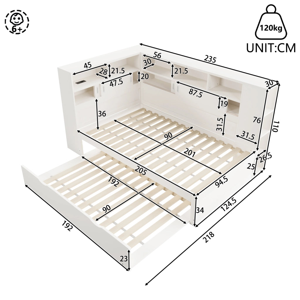 Letto per bambini 90x200 cm con letto estraibile, vani contenitore e USB, bianco