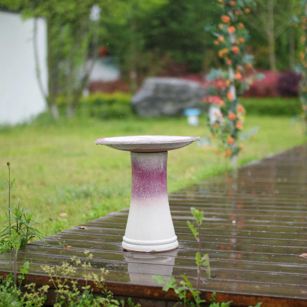 Bagno per uccelli in ceramica Ø 43 cm bianco e rosa con piedistallo, resistente al gelo per giardino e balcone