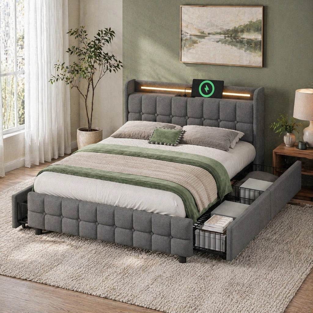 LETTO Contenitore 140x200 cm Grigio con 4 Cassetti, USB e LED