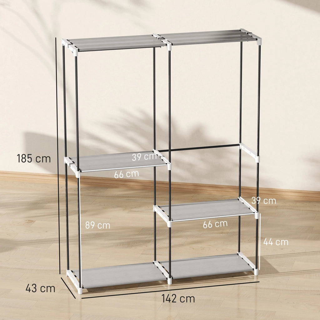 Armadio guardaroba aperto ¨C Xylo ¨C 4 ripiani in tessuto, 3 barre appendiabiti, struttura in metallo, grigio chiaro, 142x43x185 cm