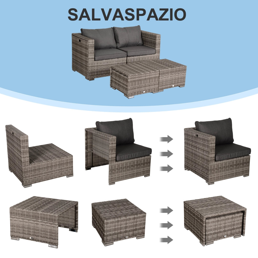 Set Salotto da Giardino 8 Pezzi ¨C Xylo ¨C Polyrattan Grigio con Poltrone Tavolini Sgabelli Salvaspazio
