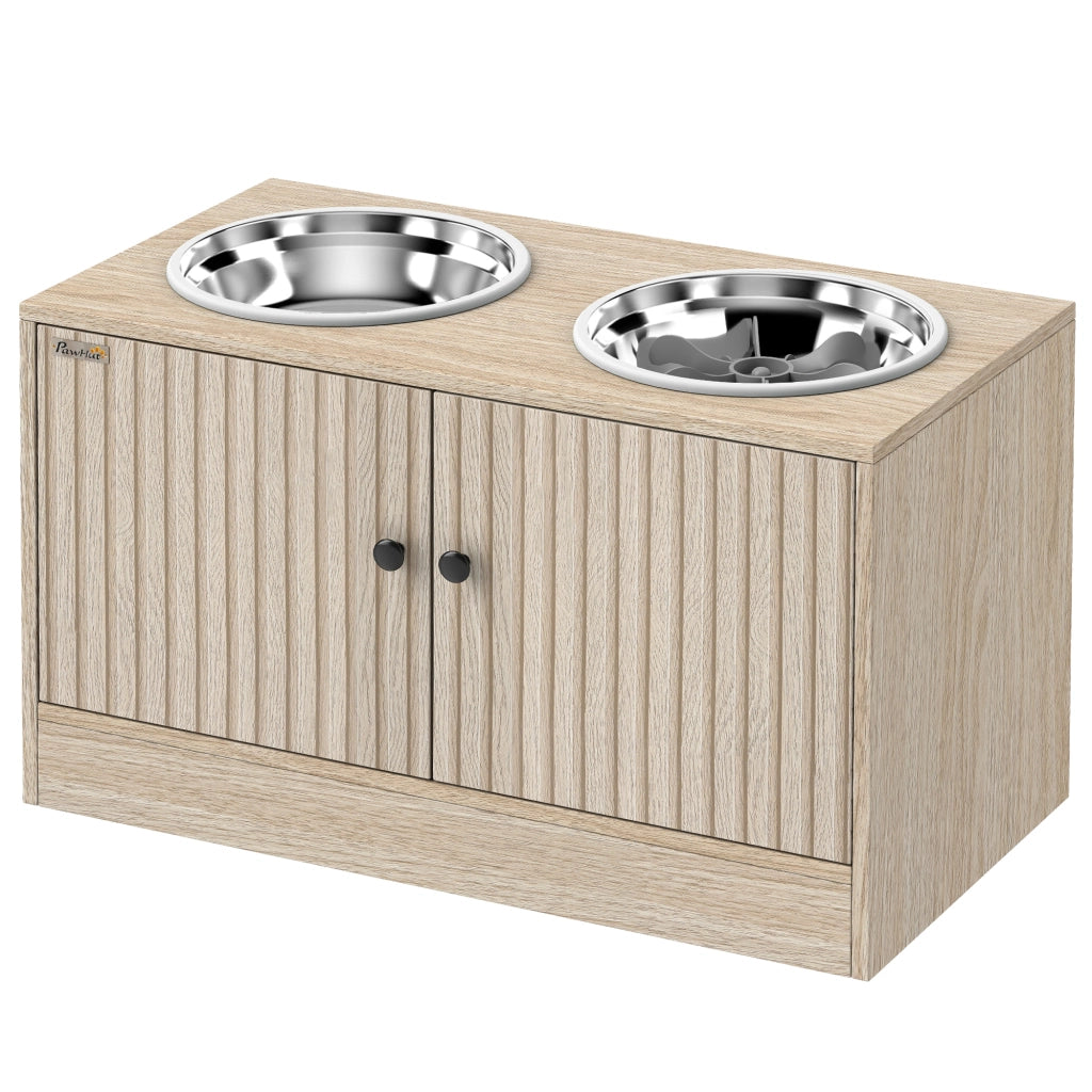 Mobile portaciotole per cani con 2 ciotole in acciaio e contenitore ¨C Xylo ¨C legno