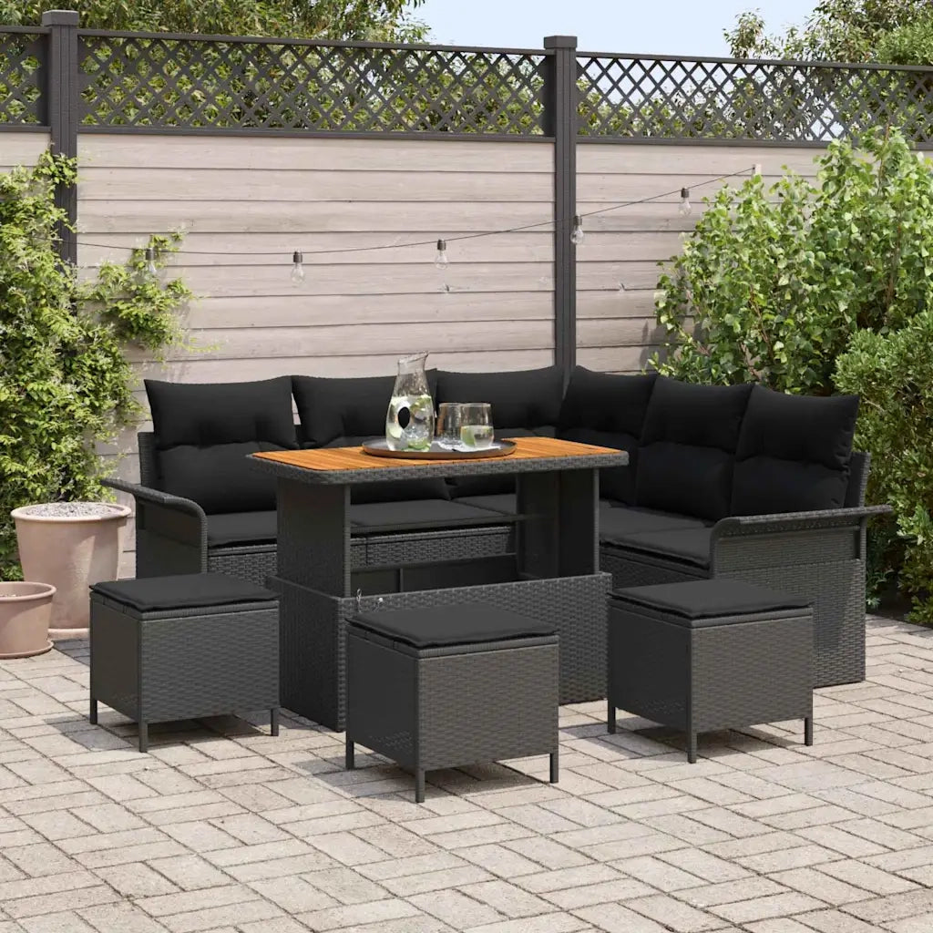 Set Divano da Giardino con cuscino 9 pcs Nero polyrattan