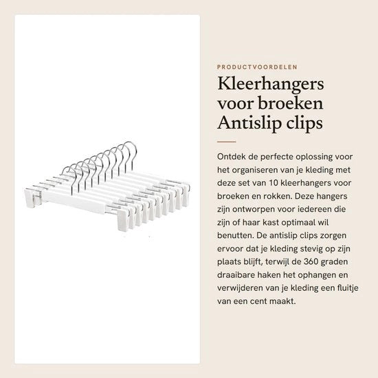Hangers Antislip 10 pezzi - Hangers per pantaloni - Clip adattabili - Ganci girabili 360° - Leggeri - Adatti per viaggi