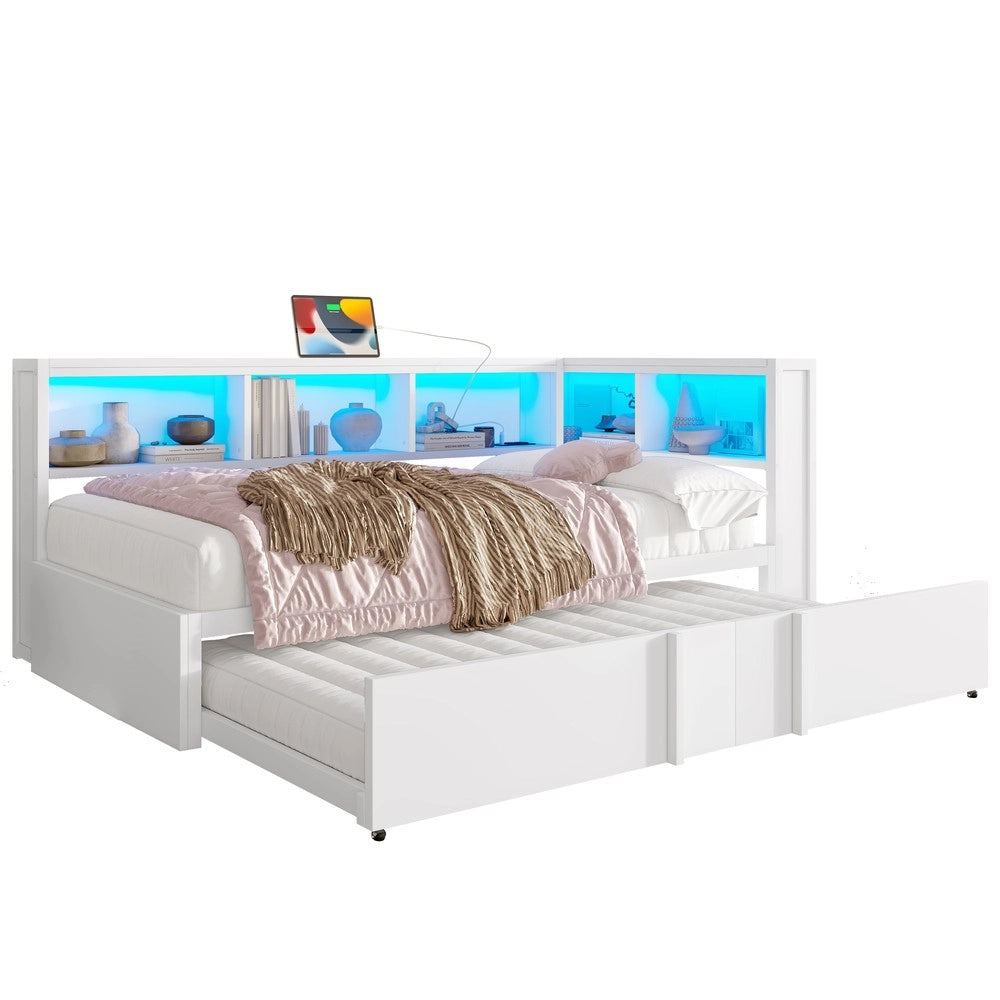 Letto con Rete Estraibile, LED e USB ¨C MINIMAL ¨C Metallo Bianco 90x200