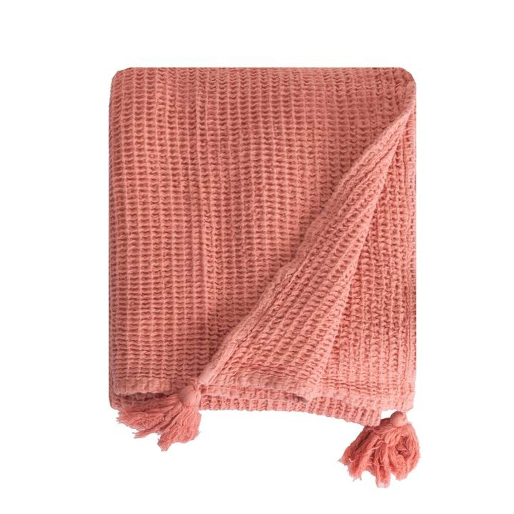 100% cotone plaid rosa salmone con pompon 130x170cm ARNISKA
