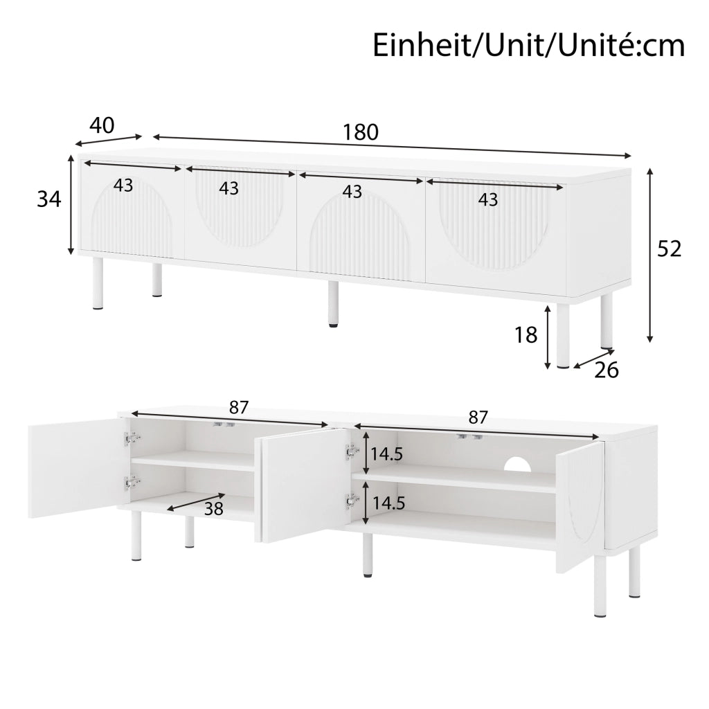 Cassettiera per TV bianca in MDF e truciolato 180 cm