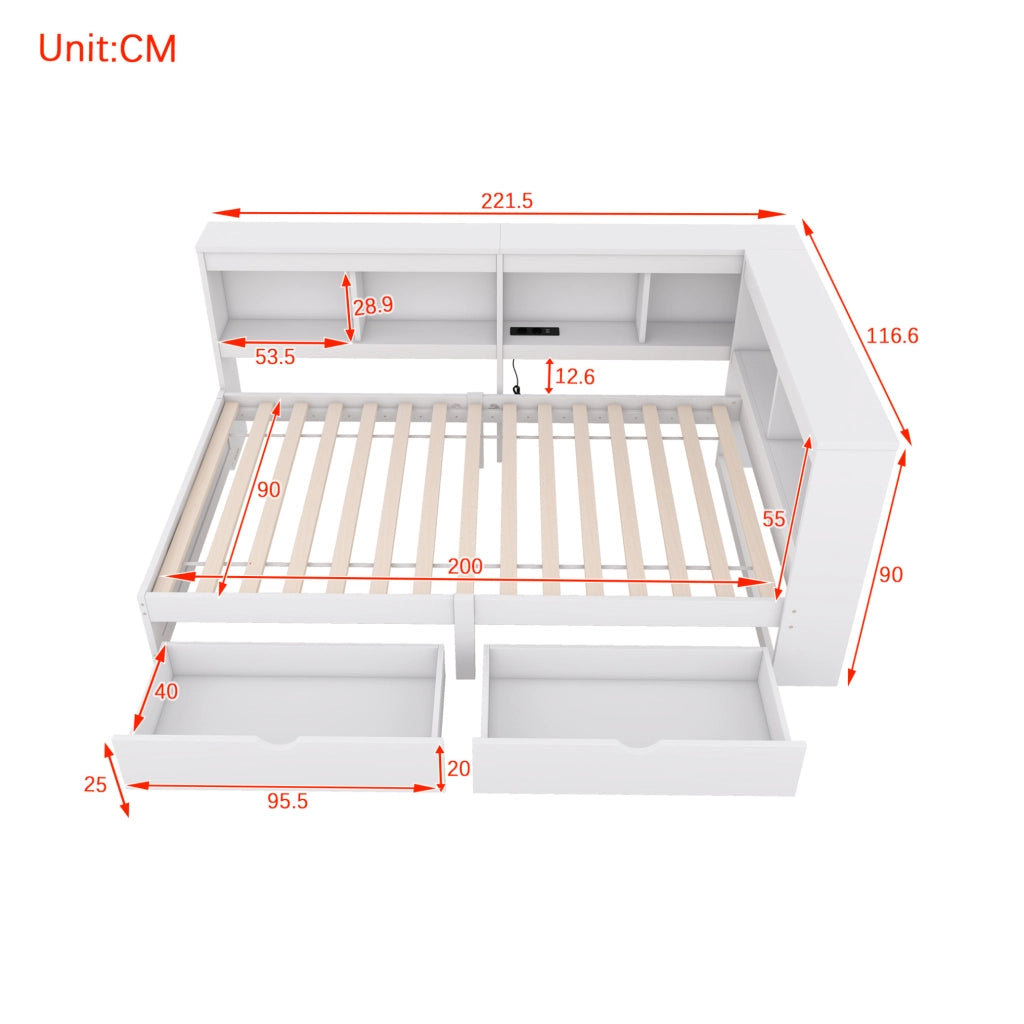 Letto a divano 90x200 cm con 2 cassetti, prese USB e ripiani laterali