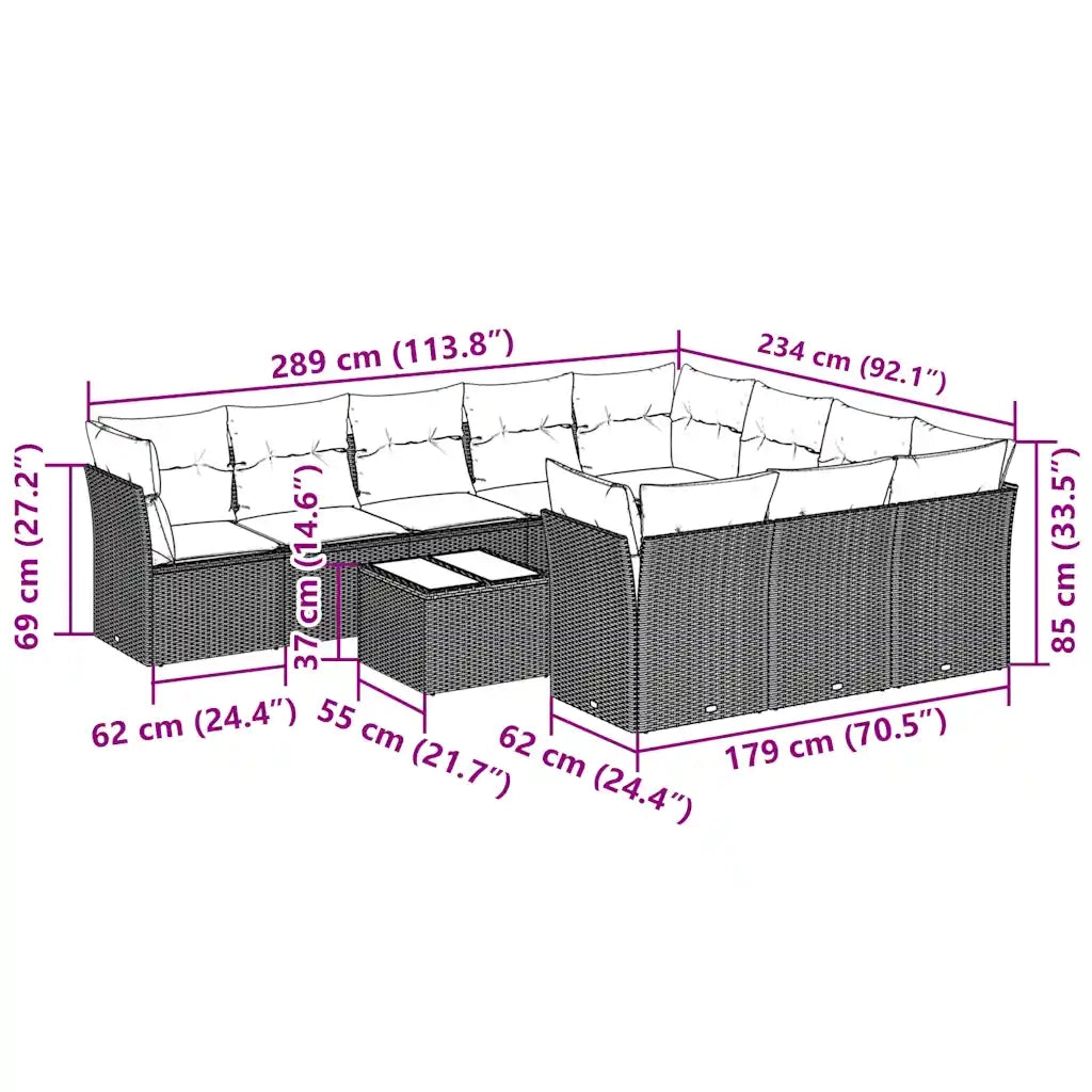 Set Divani da Giardino 11 pz con Cuscini in Polyrattan Grigio