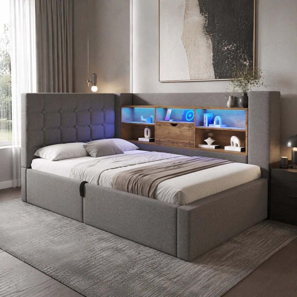 Letto singolo 90x200 cm in lino grigio con LED, USB-C/USB-A, contenitore idraulico e materasso incluso