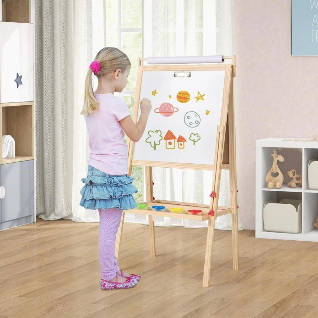 Cavalletto 3 in 1 per bambini di 3-10 anni, Cavalletto doppia faccia regolabile con lavagna magnetica Naturale-Cavalletti e lavagne bambini