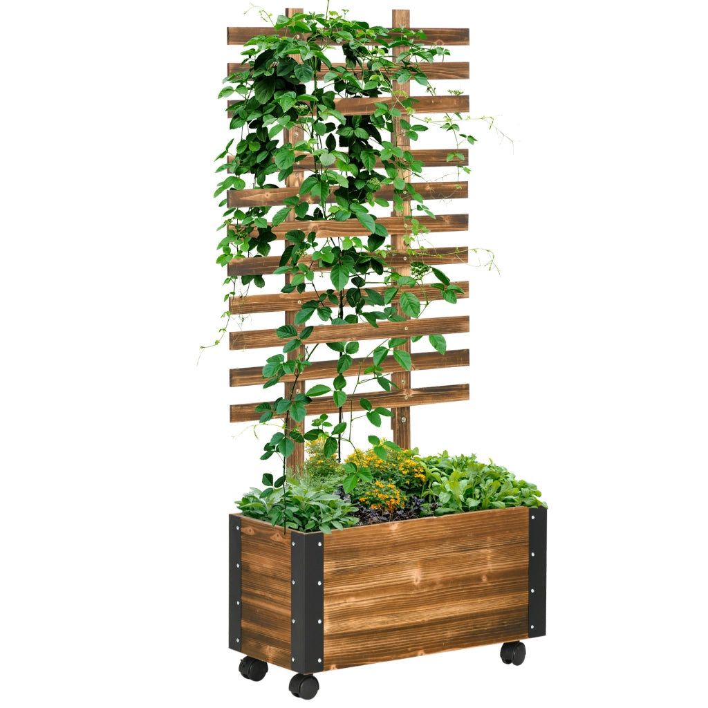 Fioriera rialzata con graticcio e 4 ruote ¨C Xylo ¨C Legno massello trattato 65x31x147 cm Nero Marrone
