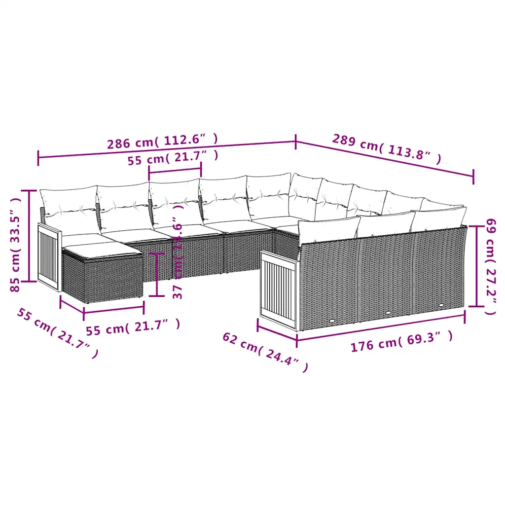 Set Divani da Giardino 12 pz con Cuscini Nero in Polyrattan 3228262