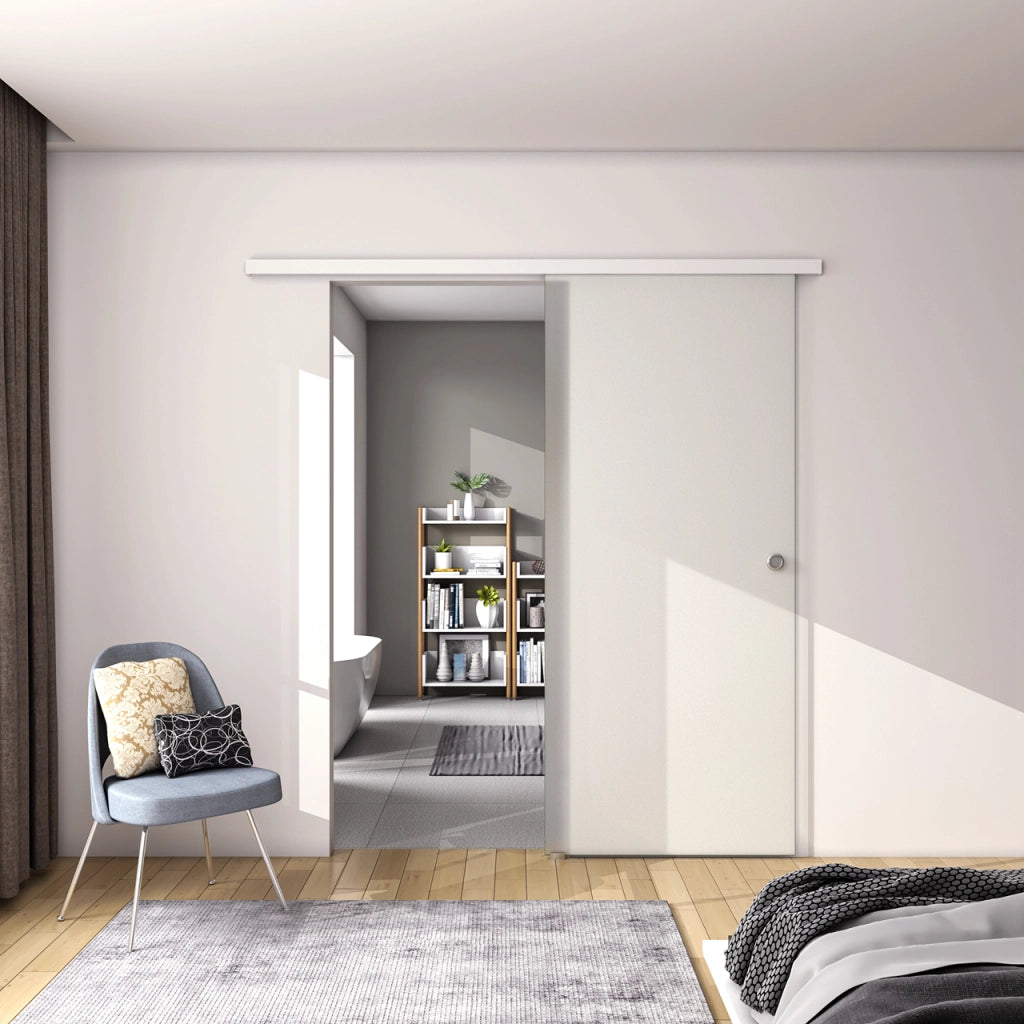 100x225 cm Porta Scorrevole in Vetro da 8 mm Temperato Opaco con Pellicola Anti-frantumi con Binario in Alluminio Bianco Verniciato