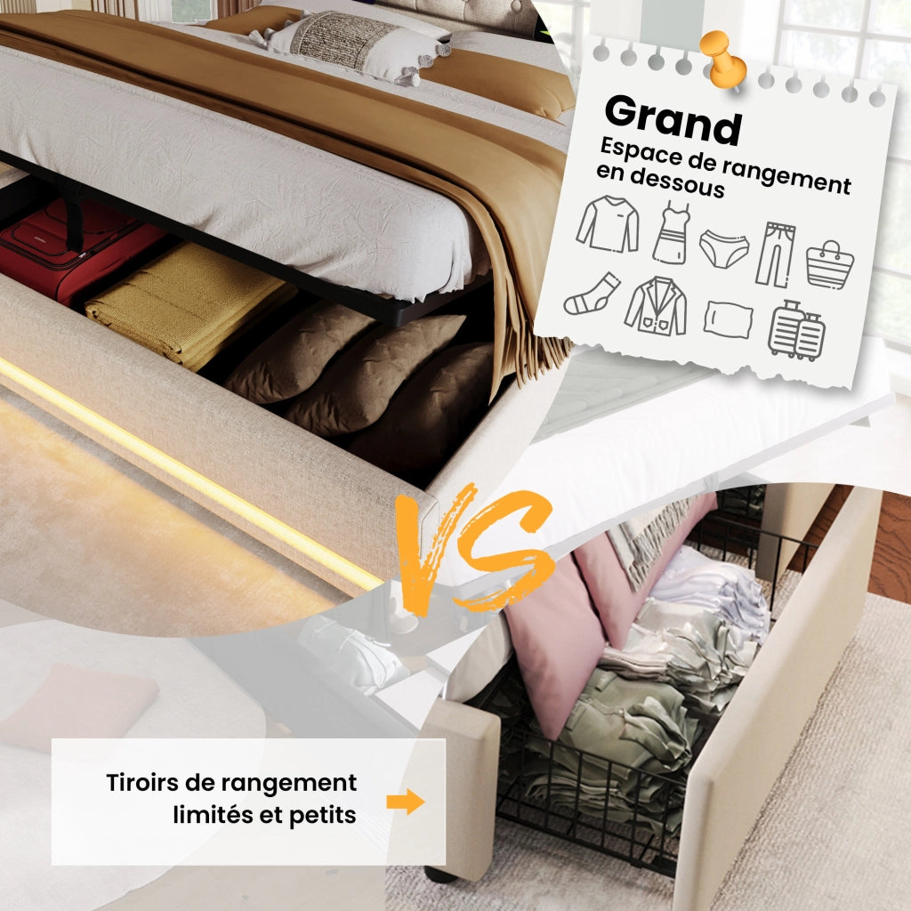 OKWISH Letto Contenitore 140×200 cm, Letto Matrimoniale con Contenitore, USB, Type C e LED Regolabile, senza Materasso, PU, Bianco