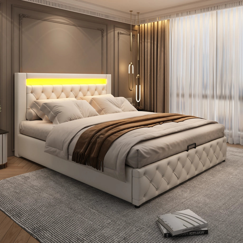 DESMIU Letto contenitore 160 × 200 cm 2 posti con LED regolabile e vano contenitore, senza materasso, in PU, bianco