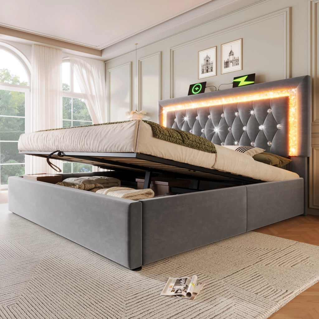 LETTO Contenitore 140x200 cm in Velluto Grigio con LED e USB Type-C