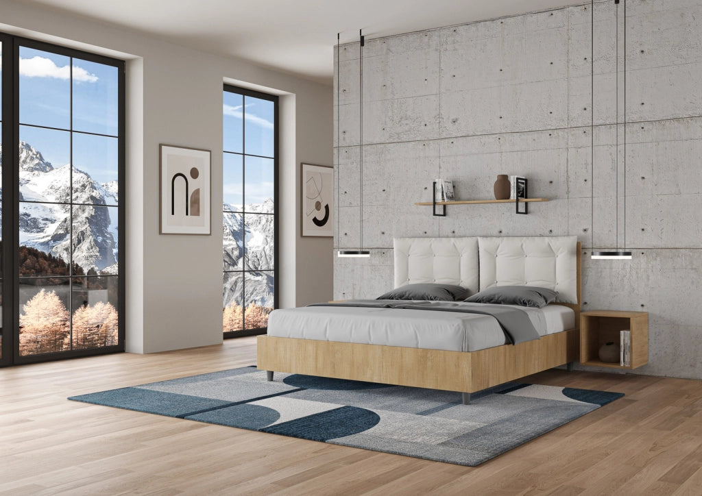 BS COM Letto matrimoniale con rete 160x190 quercia cuscini similpelle bianco