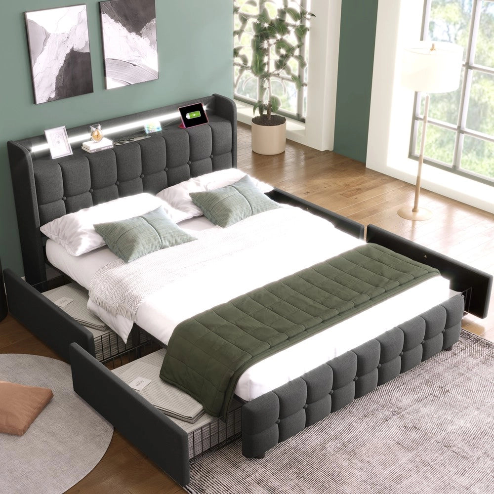 Letto Imbottito con LED, USB e Cassetti ¨C MINIMAL ¨C Grigio, 160x200
