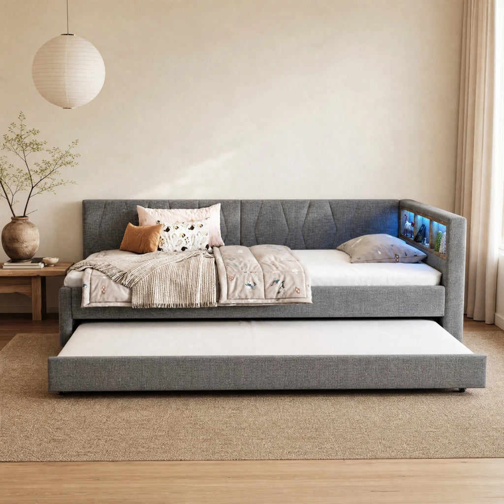 Letto con letto estraibile 90 × 200 cm con vani portaoggetti USB e Type-C luce LED in lino e MDF grigio