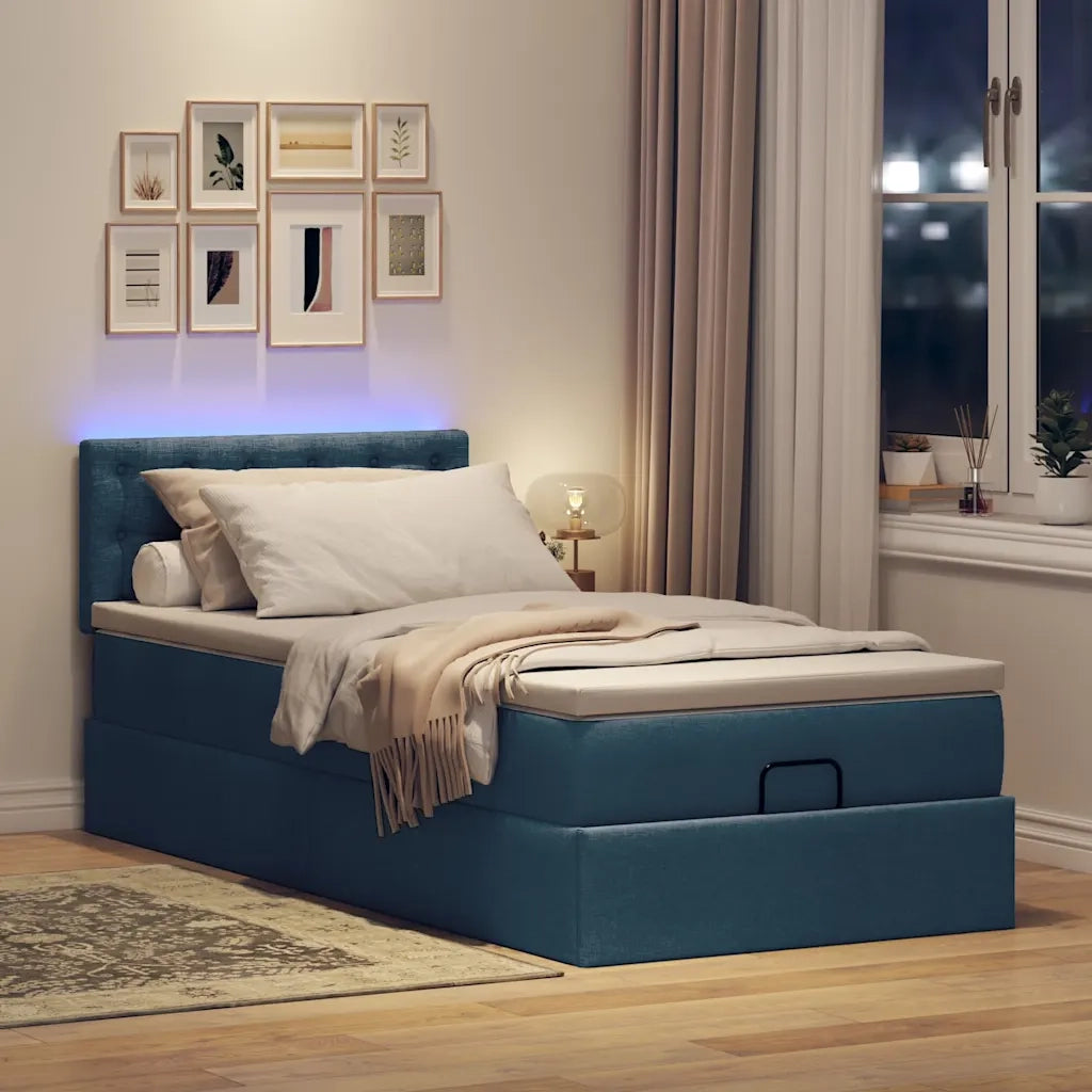 Pouf Letto con Materasso e LED Blu 90x200 cm in Tessuto
