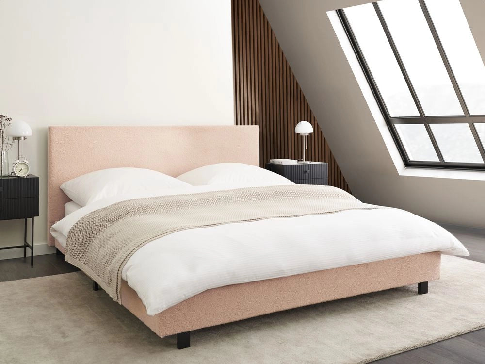 Letto matrimoniale imbottito in bouclé beige 160 x 200 cm con rete e testata