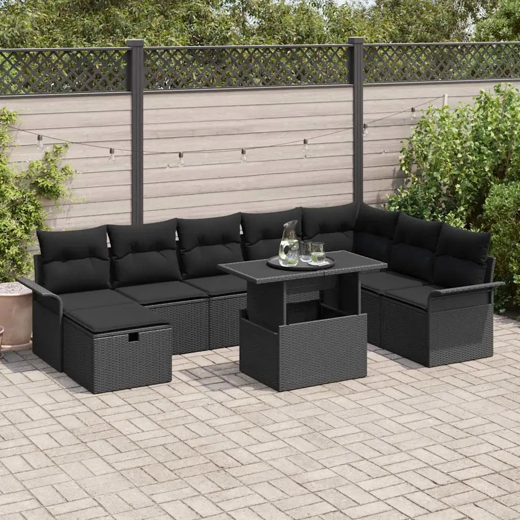 Set Divano da Giardino con cuscino 9 pcs Nero Poly Rattan