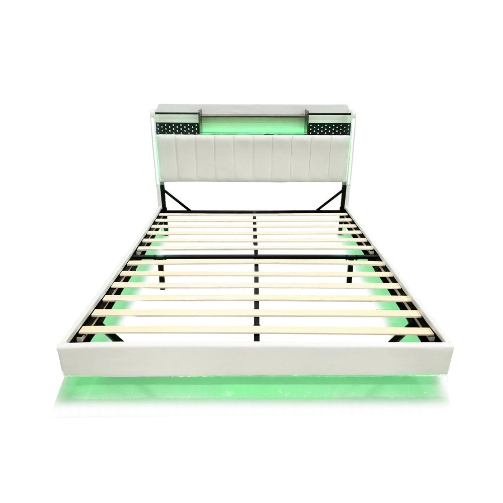 Letto Imbottito Matrimoniale con LED e USB ¨C MINIMAL ¨C Testiera con Contenitore, Tessuto, Beige, 160x200