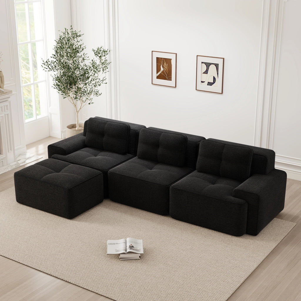 Cloud Modulsofa L-Form - Zephmum - 3-Sitzer, Samtstoff, Schwarz, mit Ottoman
