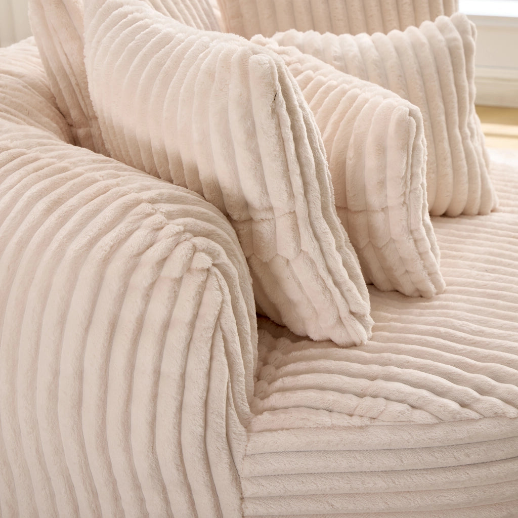 Poltrona da lettura rotonda in tessuto beige con 5 cuscini e pouf per soggiorno e camera da letto
