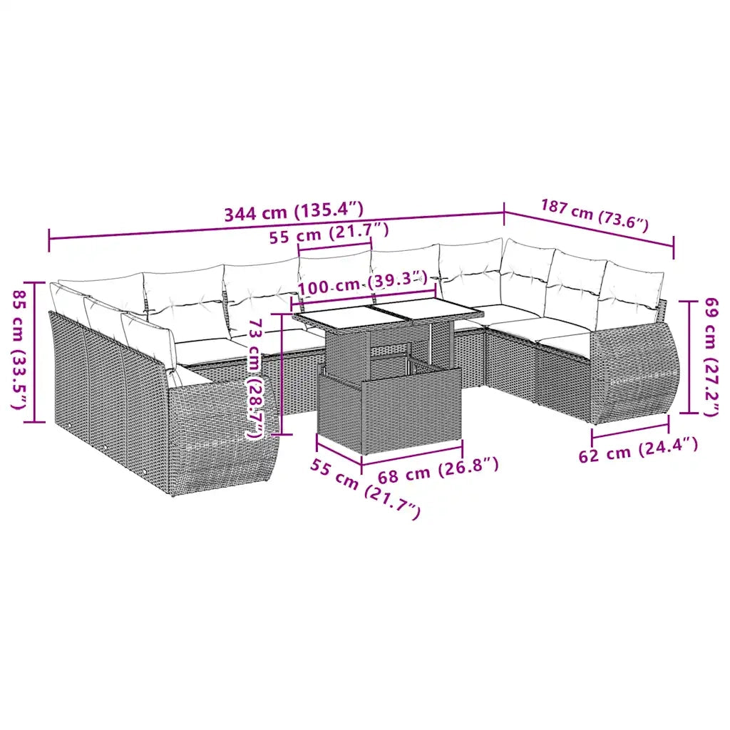 Set Divani da Giardino 11 pz con Cuscini Polyrattan Marrone 3268783