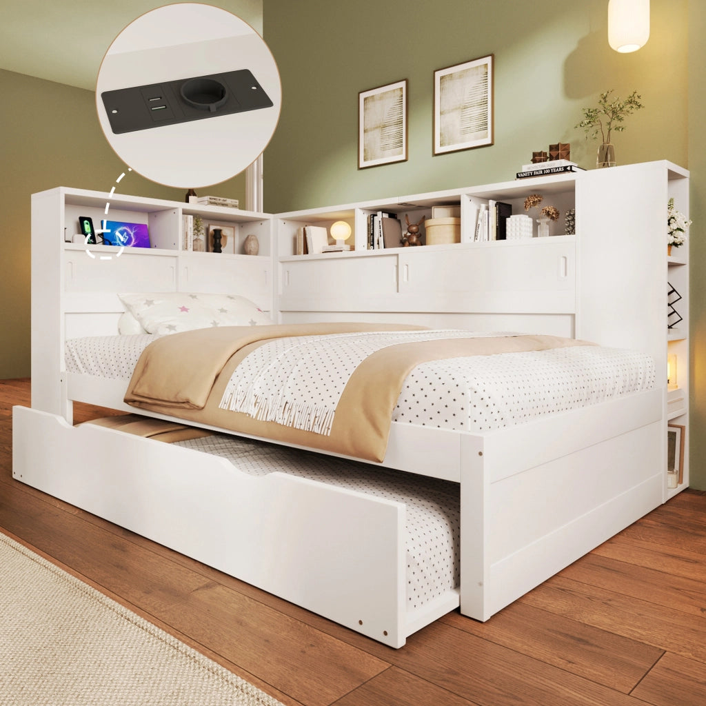 Letto per bambini 90x200 cm con letto estraibile, vani contenitore e USB, bianco