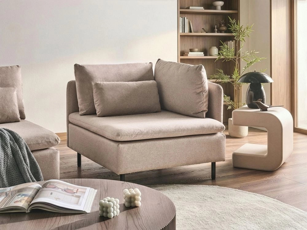Modulo angolare per divano in tessuto beige a un posto con bracciolo singolo moderno