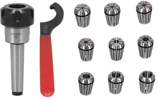 Set di Springklem ER25 a 9 pezzi - Connettore Morse a serraggio - Chiave ER - Sicuro e Preciso - Facile da Utilizzare - Spaziatura Libera