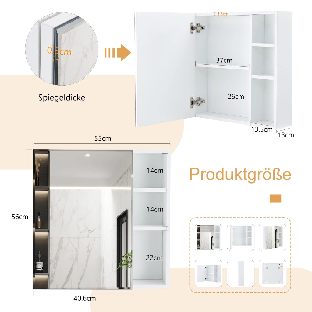 Mobile specchiera da parete bianco con specchio di sicurezza e scomparti interni, 55 × 56 cm