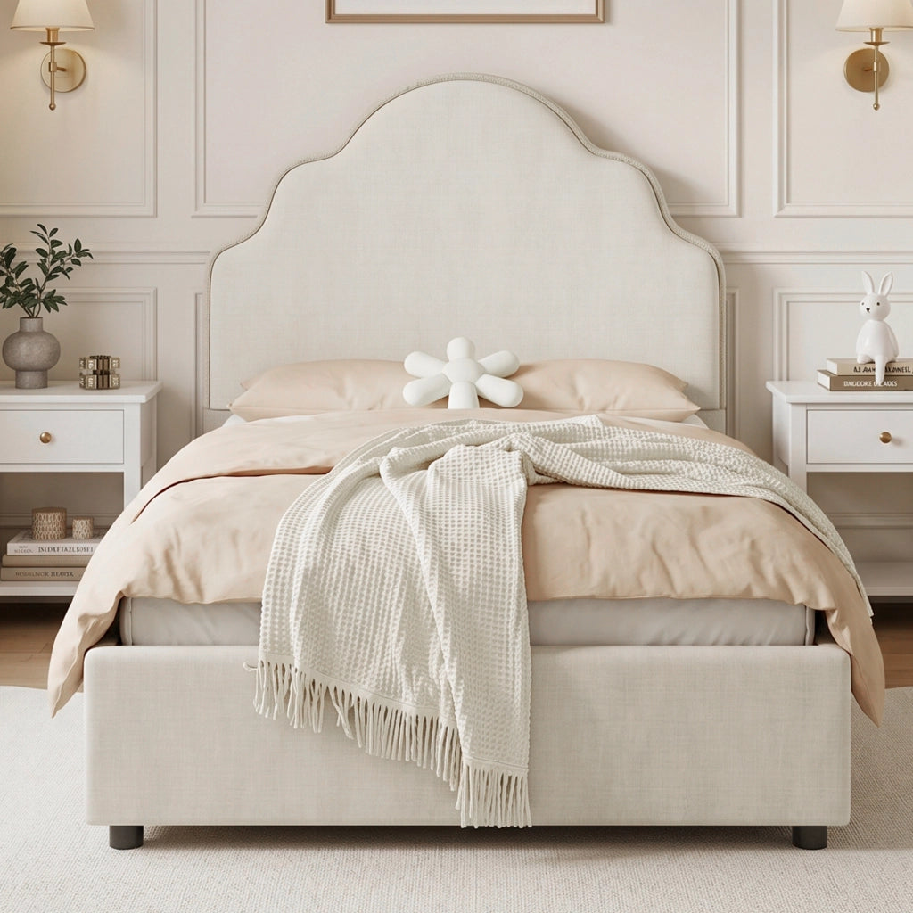 LETTO imbottito per bambini 90x200 cm beige in lino con rete inclusa