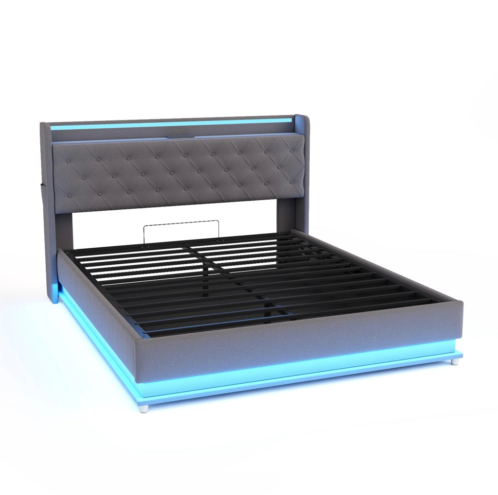 Letto imbottito 140x200 cm; luci LED multicolore e USB; tessuto grigio