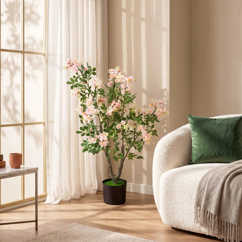Albero artificiale fiori impatiens seta 90 cm multiramo vaso cemento, Pianta finta interno esterno ufficio casa negozio 1 Pezzo