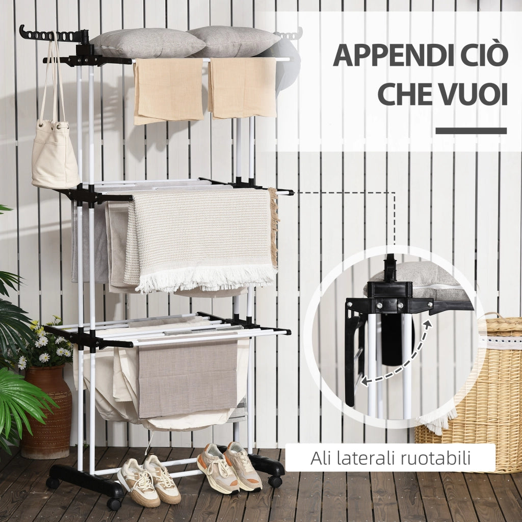 Stendibiancheria Pieghevole a 4 Ripiani con Ali Girevoli ¨C Xylo ¨C Acciaio e PP, 73x64x177 cm, Nero