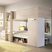 Composizione camera da letto Pinus, Stanza da letto completa, Cameretta per bambini, Set per arredo a ponte, 246x112 h150 cm, Bianco e Rovere