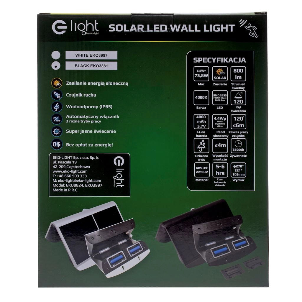 Faro solare LED 6,8W 800lm 4000K IP65 EKO3881 Eko-Light