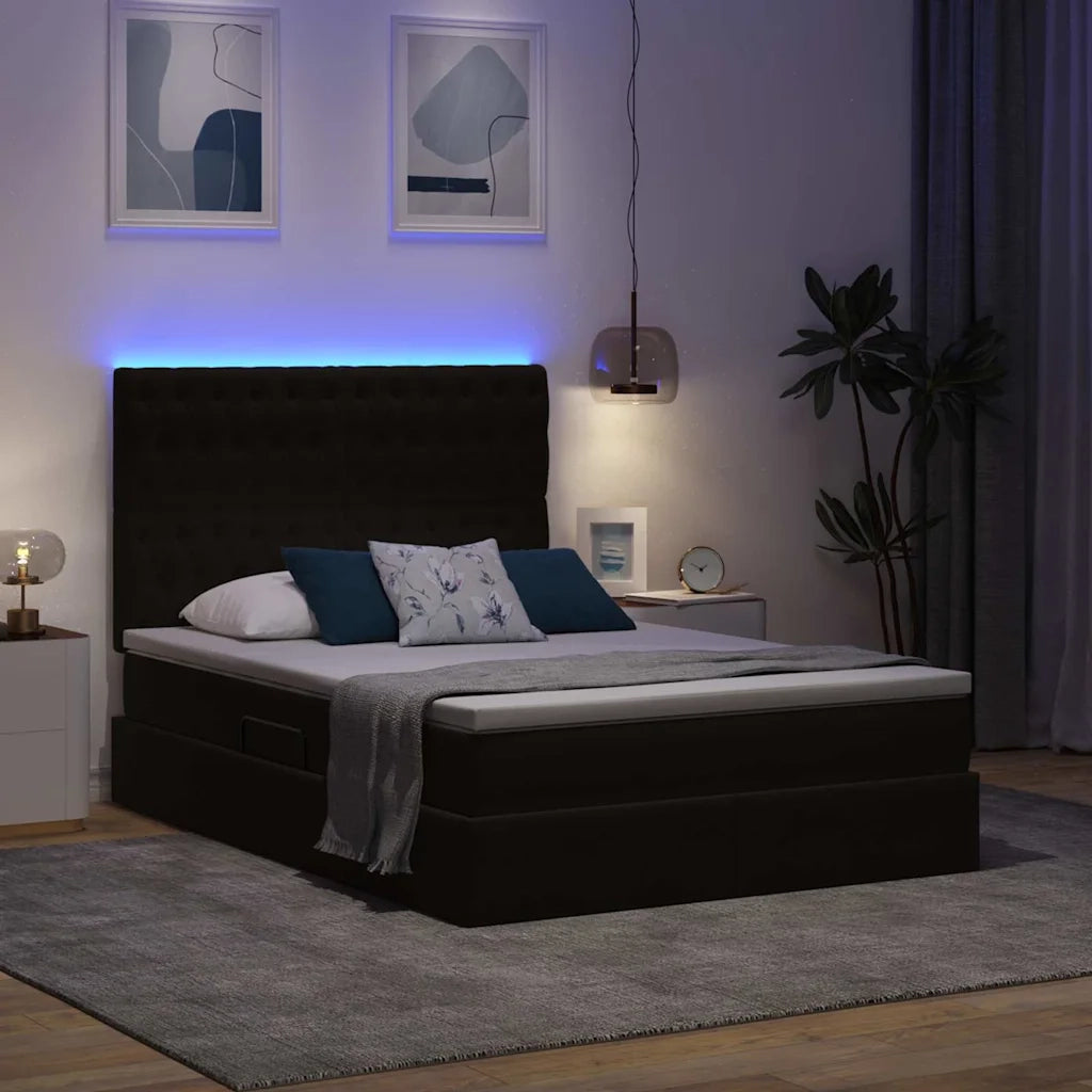 Letto con contenitore e LED con led Nero 140 x 190 cm Velluto
