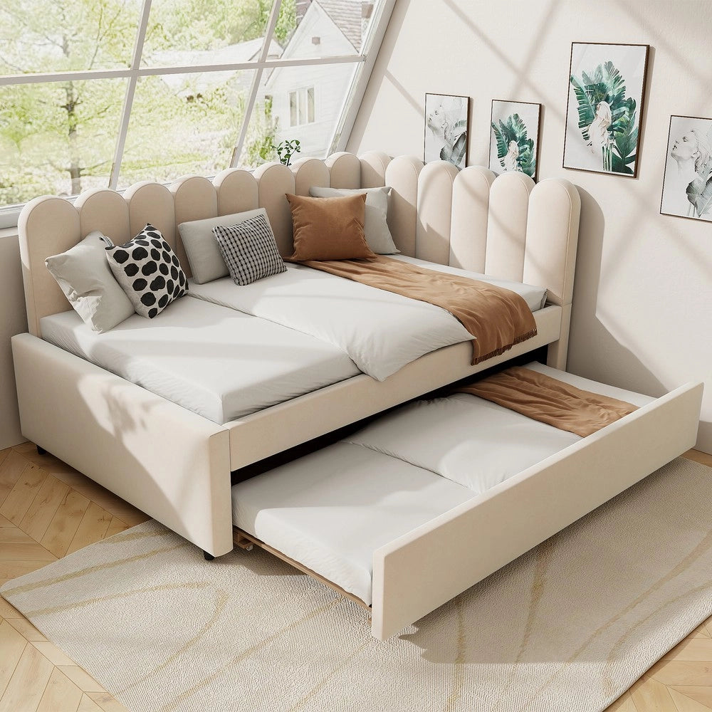 Letto Imbottito con Divano Estraibile a L ¨C MINIMAL ¨C Velluto Beige 140x200