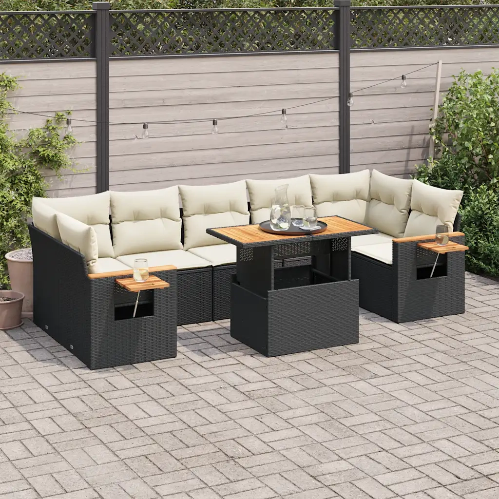 Set Divani da Giardino con Cuscini 8 pz Nero Polyrattan Acacia 3327570