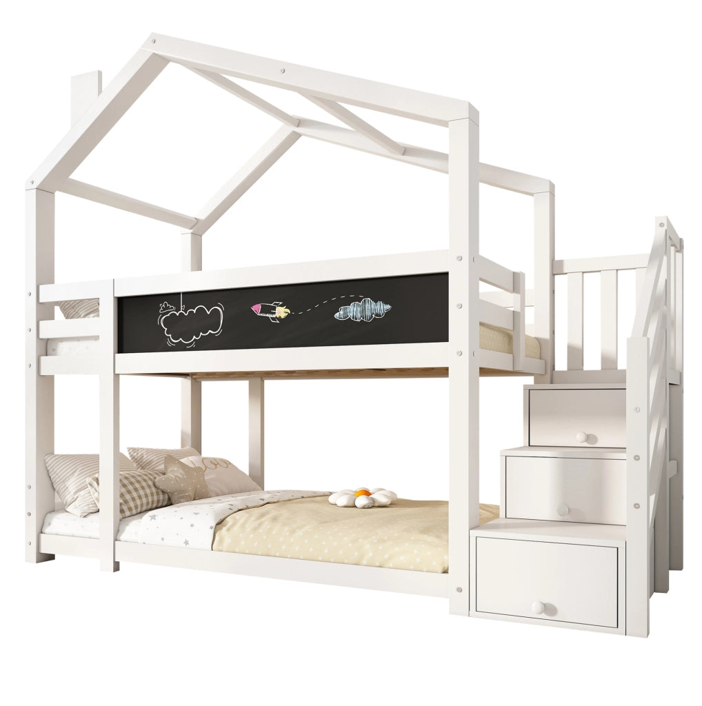 Letto a castello a casetta 90x200 cm con scala contenitore e lavagna