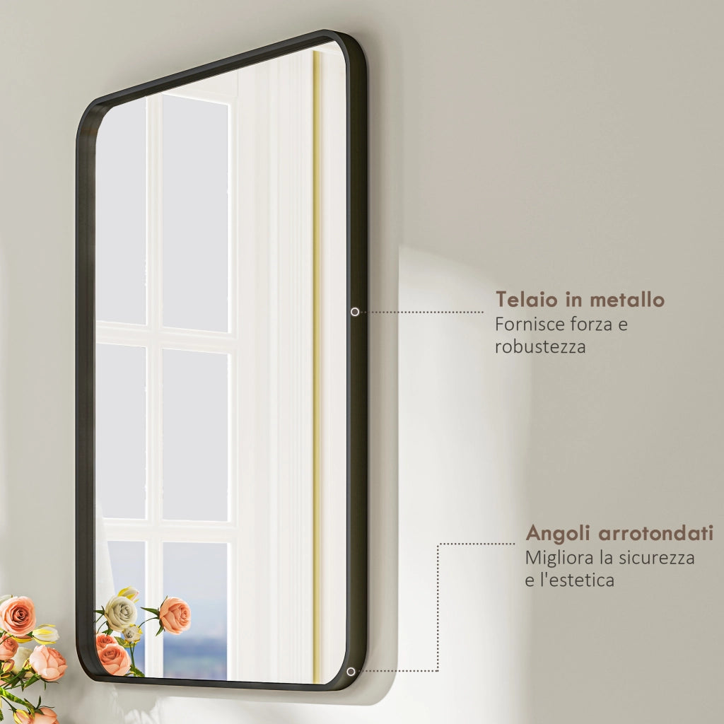 Specchio da Bagno 60x2.5x80 cm con Cornice in Metallo e Gancio Nero