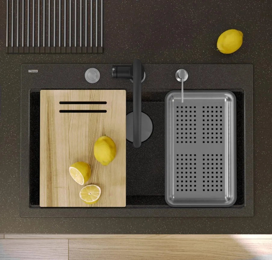 Lavello In Granito Marc 110 Workstation Black Metallic Tappo oro