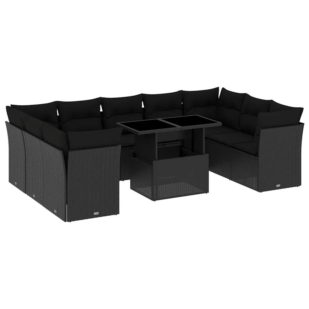 Set Divani da Giardino 10pz con Cuscini in Polyrattan Nero