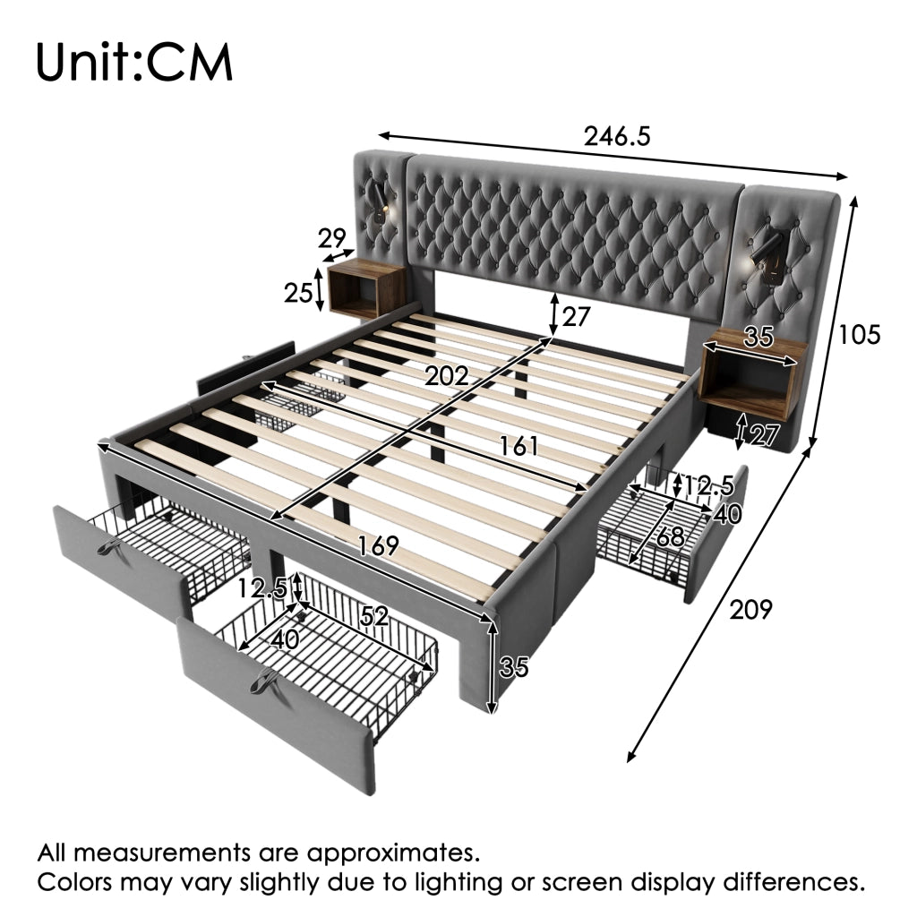 LETTO Contenitore 160x200 cm in velluto grigio con 2 comodini, 4 cassetti e ricarica USB/Type C