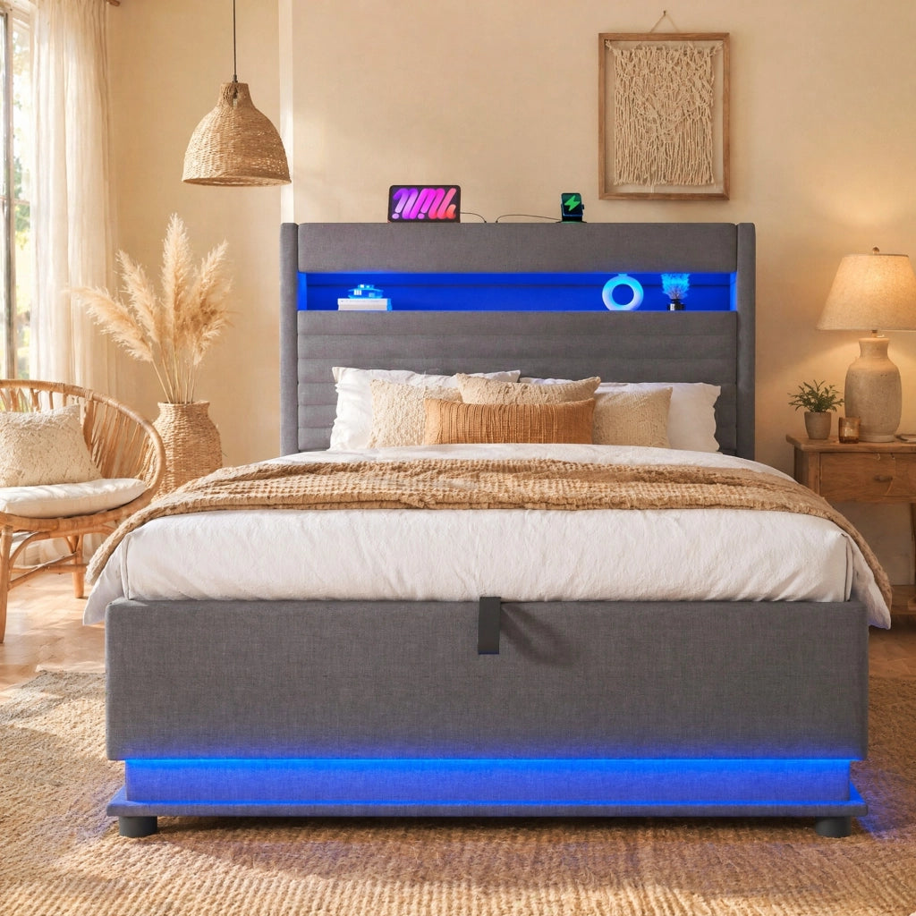 LETTO contenitore 90x200 cm in lino grigio con LED e USB Type-C